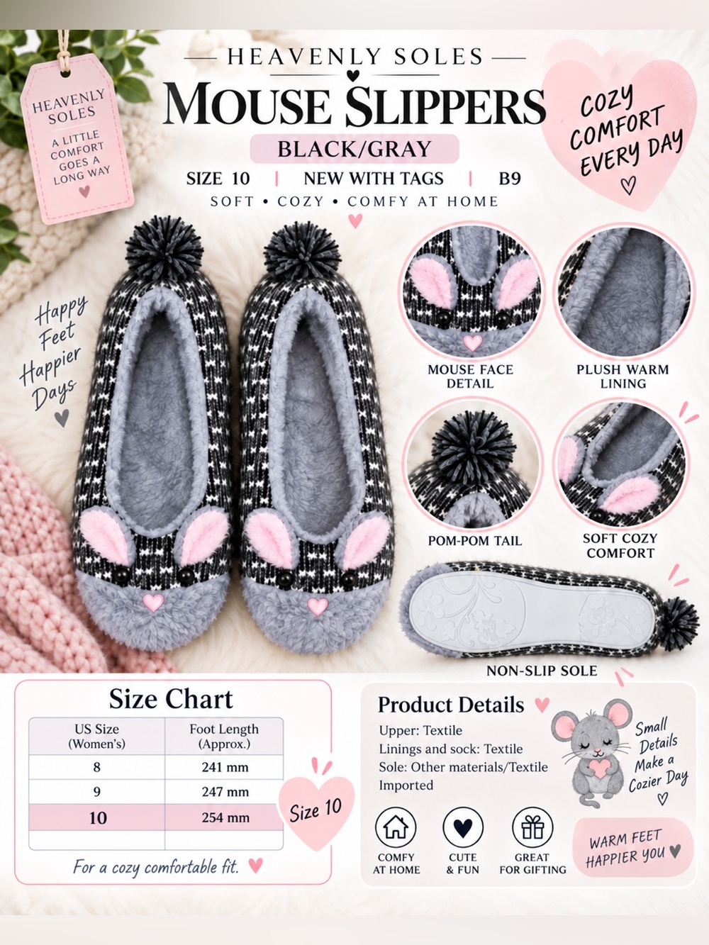 HEAVENLY SOLES MOUSE SLIPPERS – BLACK/GRAY SIZE 10 (NEW WITH TAGS) B9
